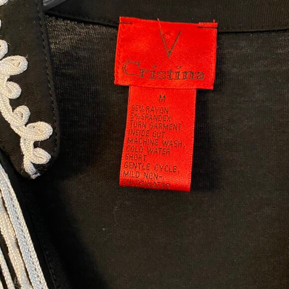 V Cristina Boho Long Bell Sleeve Embroidered Tunic Top Women M  Black White - Picture 6 of 7